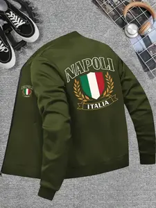 Men's Italian Flag & Naples Print Baseball Jacket, Casual Zipper, Ribbed Cuffs, Polyester, Winter Wear
