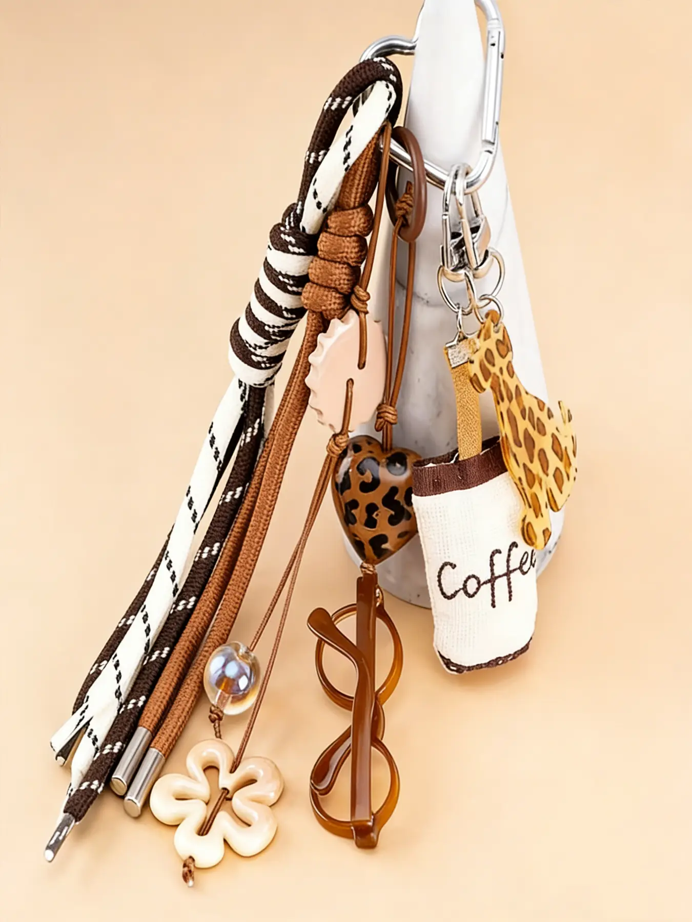 Coffee Brown Leopard Print Cute Key Bag Charm, Trendy Bag Charms, Vintage And Sweet-Cool Style, Decorated With Coffee Cup, Heart, And Glasses Tassel Strap, Suitable For Key Storage, Bag Accessory, Perfect For Daily Commuting And Dates