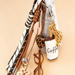 Coffee Brown Leopard Print Cute Key Bag Charm, Vintage And Artsy Sweet-Cool Style, Decorated With Coffee Cup, Heart, And Glasses Tassel Strap, Suitable For Key Storage, Bag Accessory, Perfect For Daily Commuting And Dates, Charms For Bags