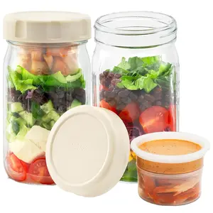 Glass salad jar with lid for lunch preparation, leak-proof lunch container, two builtin small boxes with wet/dry separation for salad dressing and dry ingredients, 32 oz Mason jar