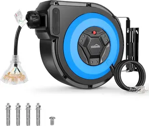 Heavy Duty 50FT Retractable Extension Cable Cord Reel, Home Tools, Wall/Ceiling for Garage Workshop 14AWG/3C SJTOW, 13A Circuit Breaker, 3-Lighted Triple Outlets, Security Lock, UL Listed Outdoorfun