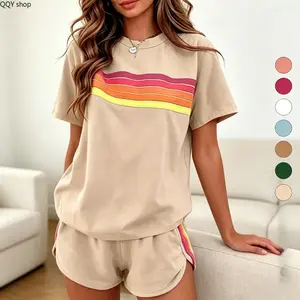 【Summervibes】Rainbow Striped 2Pcs Women Casual Tracksuit, Loose Slim Sporty Outfit, Soft Breathable Elastic Activewear Set, Trendy All-match Ladies Clothing for Summer Vacation Indoor Outdoor Daily Casual Street Wear
