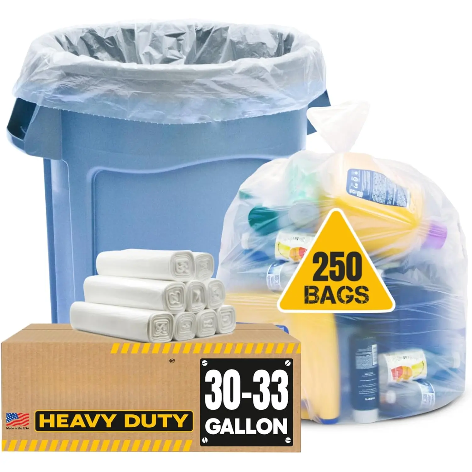 30-33 Gallon Clear Trash Bags Heavy Duty (Mega ValuePack 250 Bags) Large Plastic Bags,  for Recycling 30 Gallon - 32 Gallon - 35 Gallon. Clear Large Trash Bags