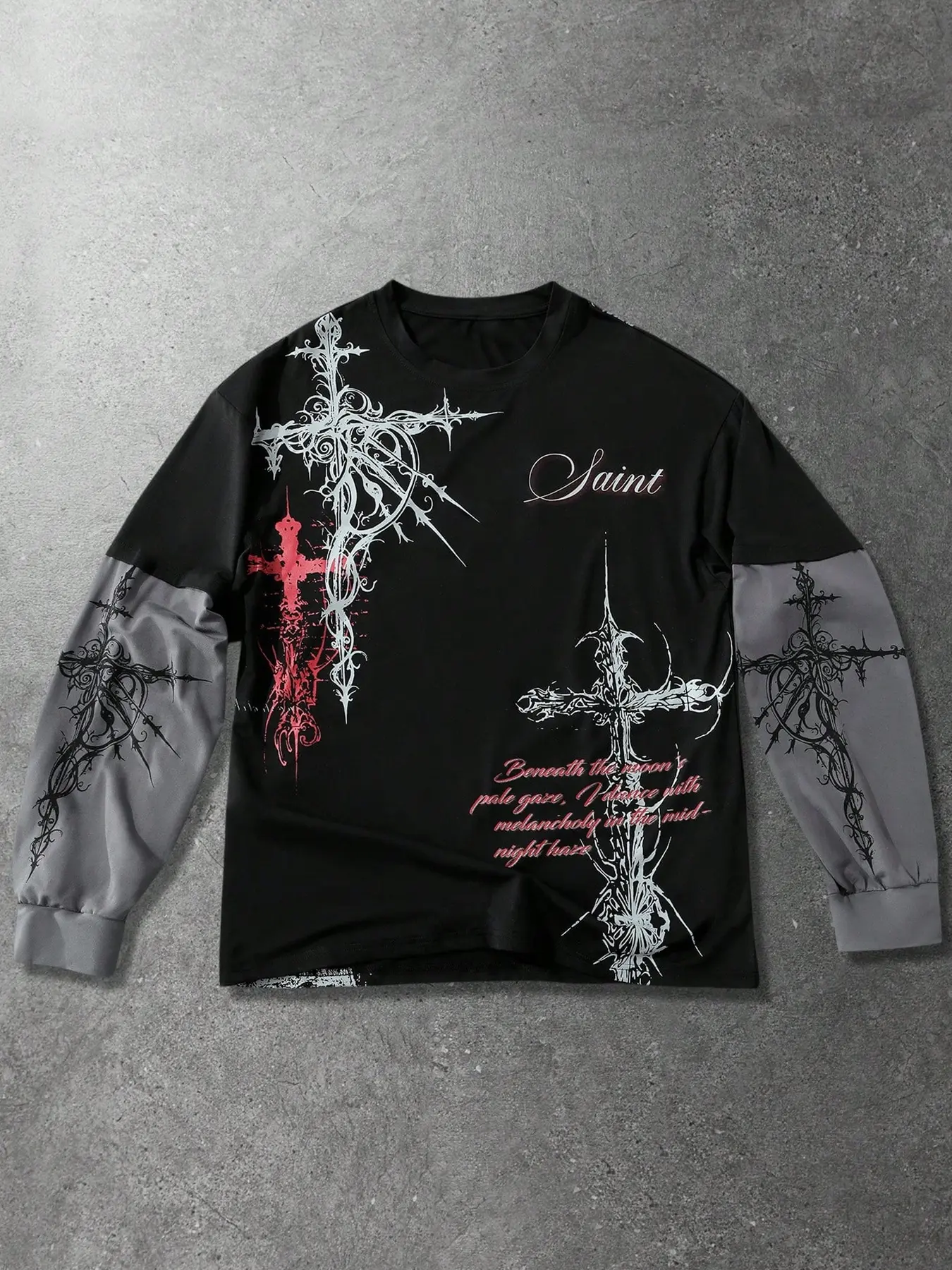 Men's Gothic Vintage Cross Print Faux Two-Piece Long Sleeve T-Shirt, Casual, Comfortable and Stylish, Easy to Match Any, Must-Have Wardrobe Addition