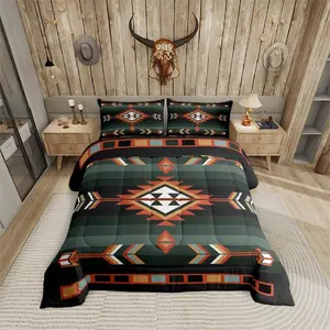 Feelyou Decorative Bedding Set - Linen Bedding Collection with Southwestern Geometric, Western Aztec Quilt, Boho Exotic Tribal, Rustic Farmhouse American Native Designs