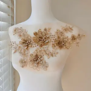 Gold Applique With Sequins, 3D Flowers 14.56" x 8.26" (37cm X 21cm) For Dance Costume, Ballet, Couture Gowns, Garments, Kids Dress Decore