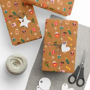 Santa’s Little Helpers Wrapping Paper - Holiday Gift Wrap for African American Families, Cute & Inclusive Designs for Kids, Light brown