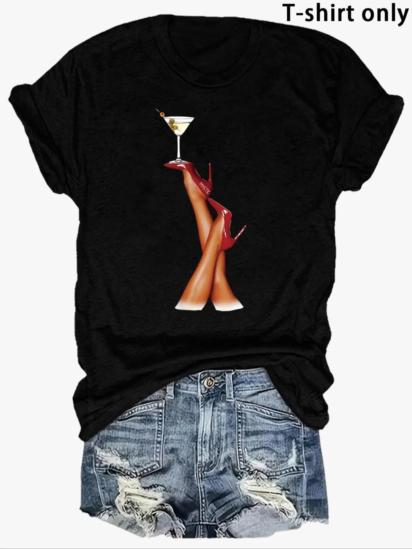 Women's Martini Cocktail Print Round Neck Fitted Tee, Fashion Casual Crew Neck T-shirt for Daily Holiday Vacation Outdoor Wear, Ladies Clothes for Summer