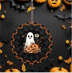 8-Inch Spooky Halloween Ghost & Pumpkin Kinetic Wind Spinner, UV-Coated Aluminum Holiday Ornament, Outdoor Weatherproof Garden Home Decoration with Instructions