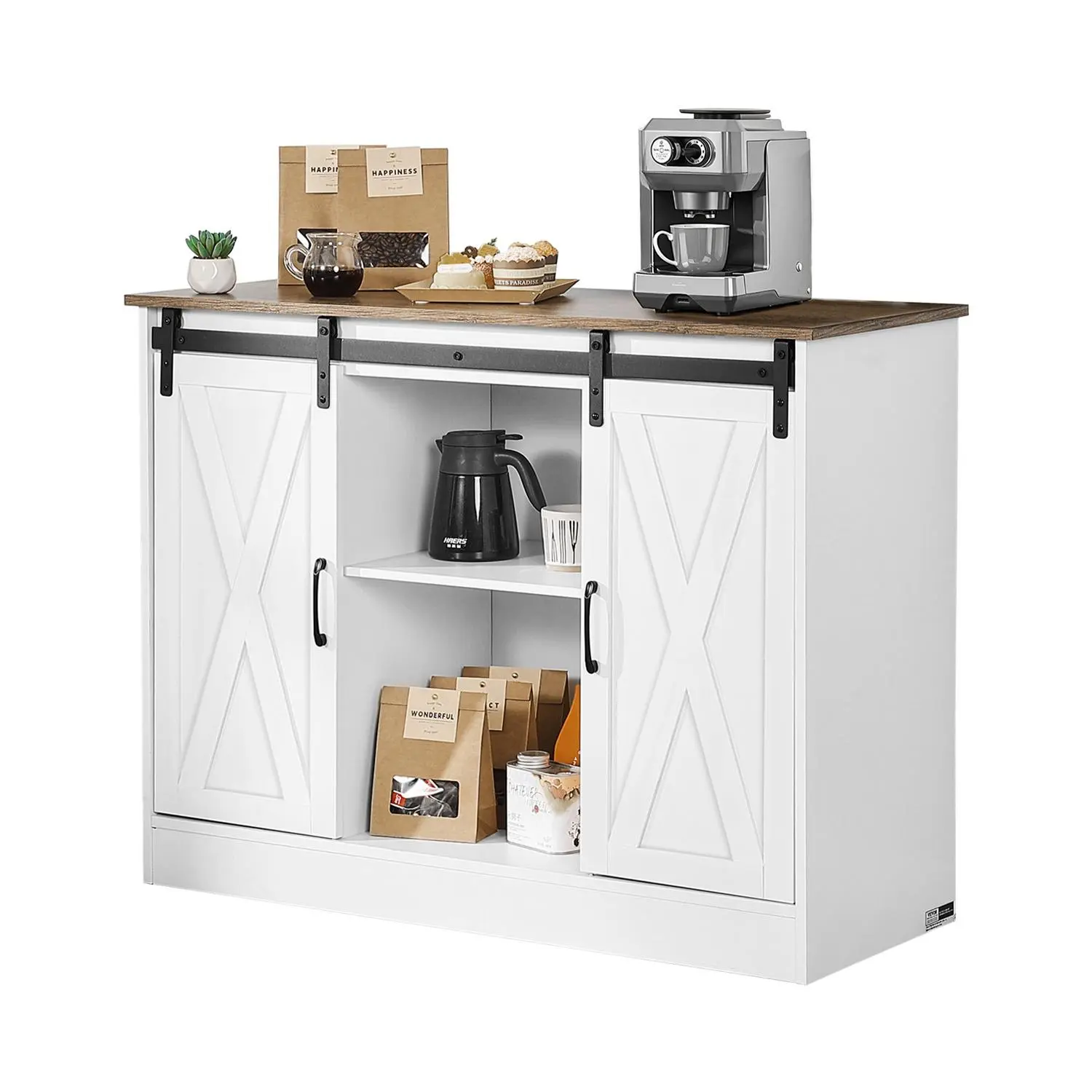 【Summerfinds】VEVOR 3-Tier Farmhouse Buffet Cabinet with Barn Doors, Adjustable Particle Board Compartmentalized Flat-Top, Rustic Configurable Floor Sideboard - Coffee Bar Cabinet for Living Room, Farmhouse Buffet Cabinets, Home Bar