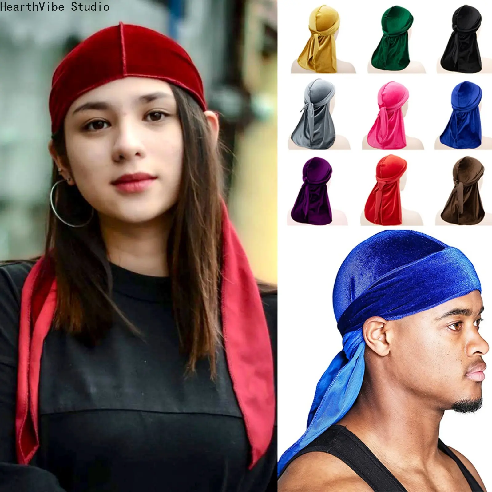Men's Premium Velvet Durag - Adjustable Headwear, Extra Long Tail, Wide Straps, Silky Satin Lining, Oversized 360-Waves Compression Cap, Premium Streetwear Hat, Men's Accessories for Hip-Hop Sports, Outdoor Biking