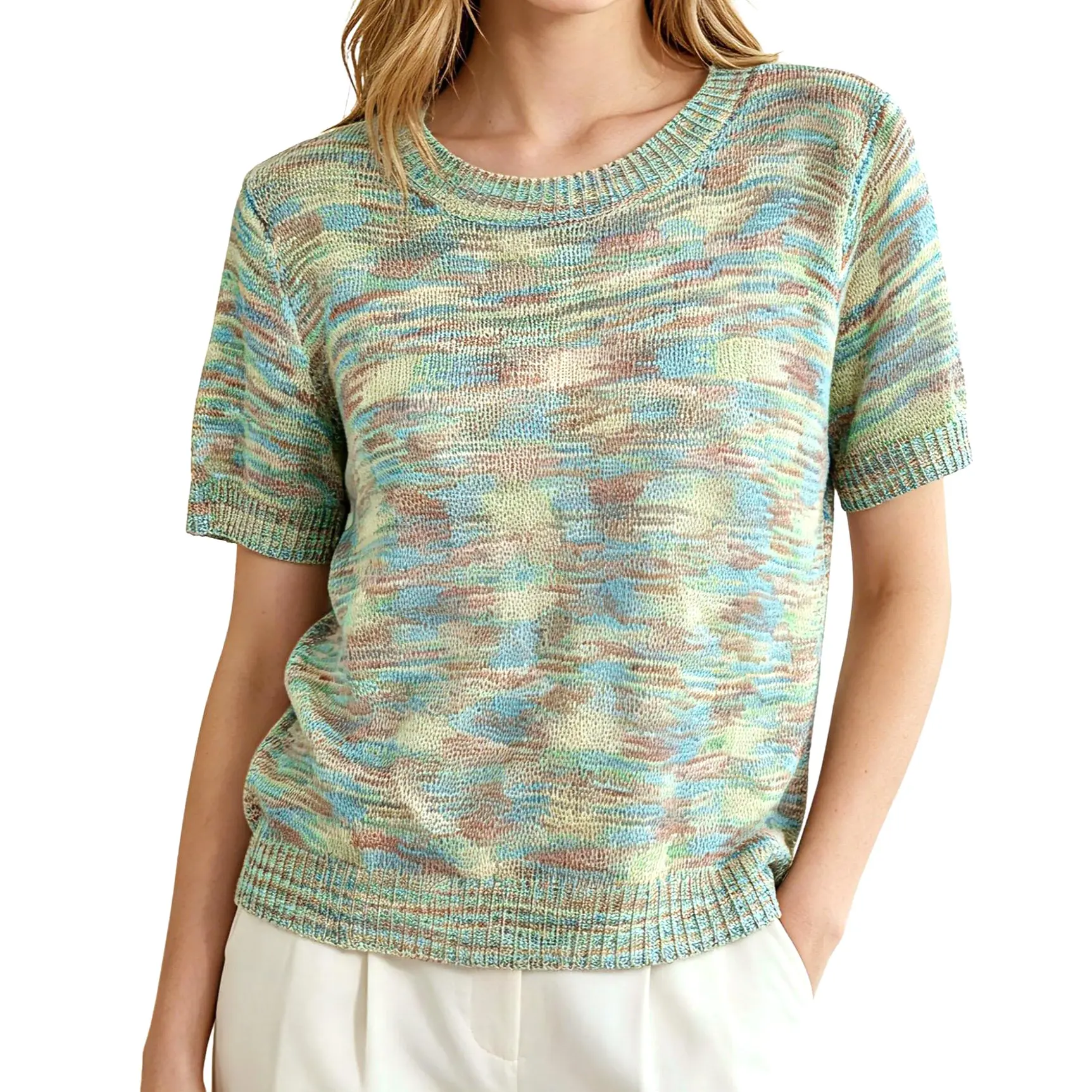 Chouyatou Lady's Fashion Short-Sleeve Tie-Dye Knit T-Shirt, Comfortable Casual Summer Women's Top Piece, Tops, Shortsleeve, Tshirt