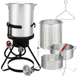 Outdoor Fryer Turkey Fryer 13 * 32 inch 4-Piece fryer Set with Black Round Iron Stove Frame Outdoor Burner Silver Aluminum 30qt Turkey Pot 10qt Fish Pot, Gas Fryer for Home Kitchen Restaurant