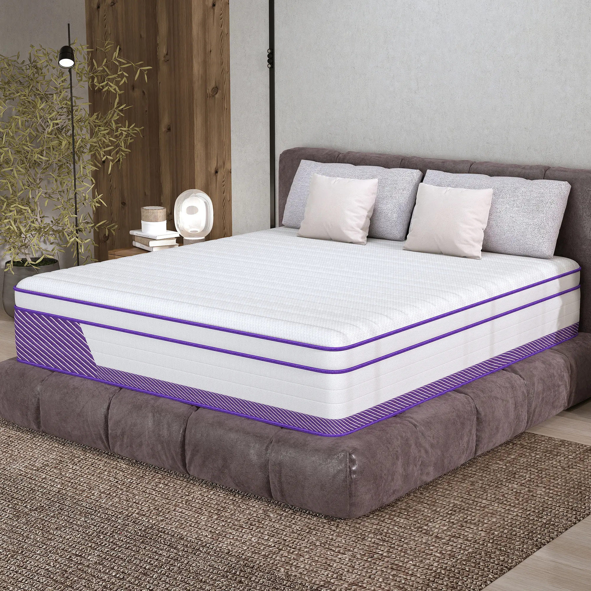 MULINATURE 12" 14" Hybrid Mattress in a Box, Twin Full Queen King Size Medium Firm Memory Foam & Motion Isolation Pocket Spring Bed, Sleek Purple Best Mattresses