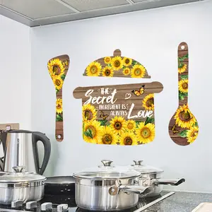 Simple English Kitchen Utensils Pot and Spoon Sunflower Wall Sticker, Self-Adhesive Home Decor Decal, 1 Piece, Easy to Apply