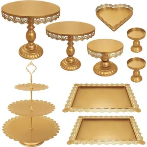 Set of 9 Cake Stands Metal Cupcake Stand Set Multiple Styles Candy Fruit Display Tower Dessert Plate Cake Serving Tray for Birthday Party Wedding Anniversary Shower Engagement (Gold)