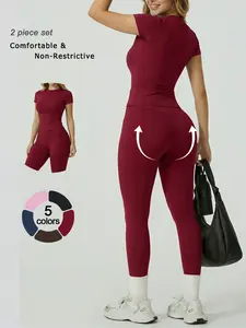 Women's 2 Piece Yoga Workout Set, Gym Outfits, Crew Neck Short Sleeve Top High Waist Tummy Control Butt Lifting Leggings Solid Color Moisture Wicking Nylon Fabric 4-Way High Stretch Soft Breathable Athletic Wear for Running Gym Training Daily Wear