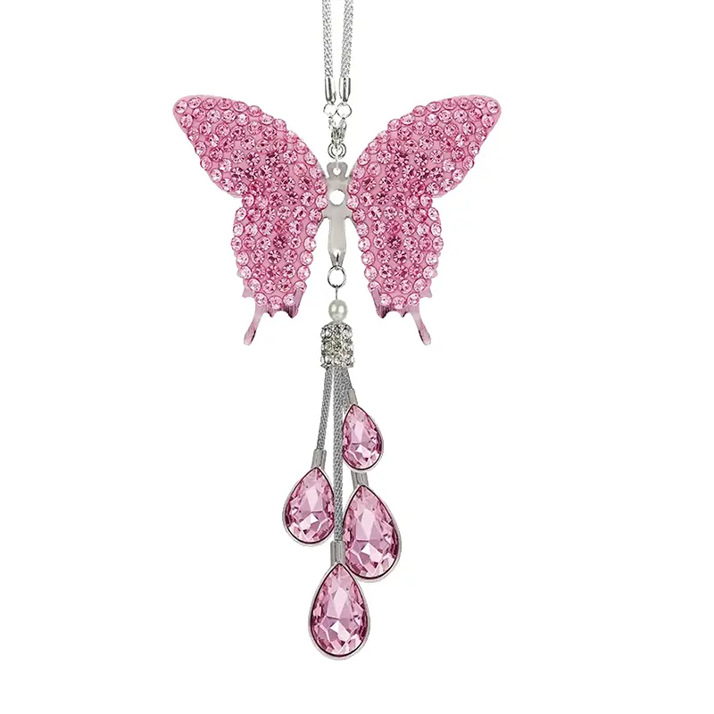 Pink Crystal Butterfly Hanging Ornament Decorative Pendant Rhinestone Butterfly Charm Hanging Decoration for Car Rearview Mirror Home Wall Door Window Backpack Purse Room Decor Gift for Women and Girls