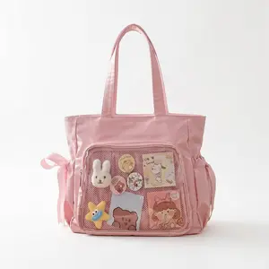 Quilted Down Bags Kawaii Ita Bag Tote with Clear Display Window – Cute Pink Bow Shoulder Bag for Pins, School & Everyday Use