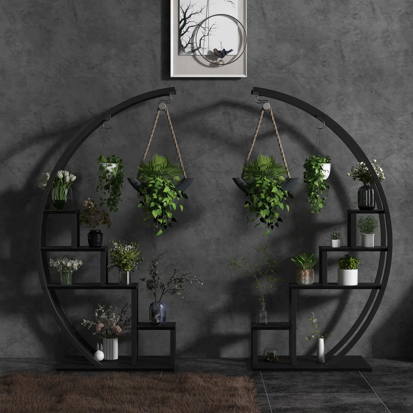 5 Tier Tall Metal Plant Shelf with Hooks, Half Moon Shape Large Plant Shelf Set of 2, Modern Flower Rack for Home Patio Lawn Garden Balcony, Black, Heavy Duty Outdoor Plant Stand