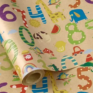Shower Wrapping Paper Roll - 17 Inches x 16.4  - Colorful Cartoon Number Design   Paper - for Boy or Neutral  Wrapping, ' Birthday Party and  Shower