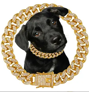 Dog Chain Diamond Collar 18K Gold Plated Walking Metal Chain 12 mm Wide Necklace with Secure Buckle Pet Cuban Style Collar Jewelry Accessories for Small Medium Large Dog Cats