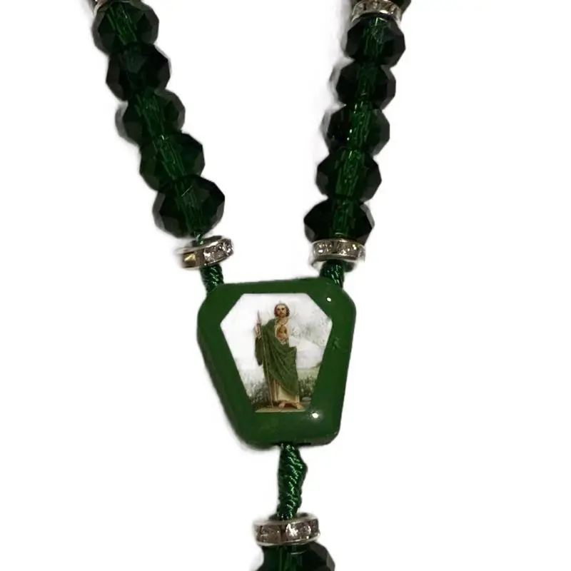 Exquisite Rosary Saint Jude or Virgin Mary Cross Pendant Mexican Necklace Braided Cord Green beads Chain Charm Accessories for Men and Women Catholic St Jude Elegant Religious