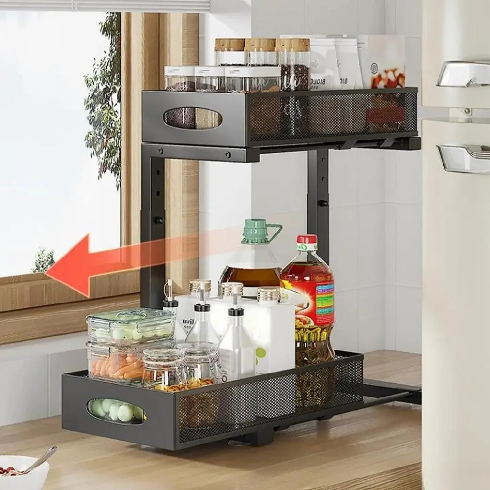 Gaomon 2-Tier Height Adjustable Pull-Out Under Sink Organizer, 2-Layer Sliding Mesh Basket Storage Rack for Kitchen, Bathroom, Two Layers