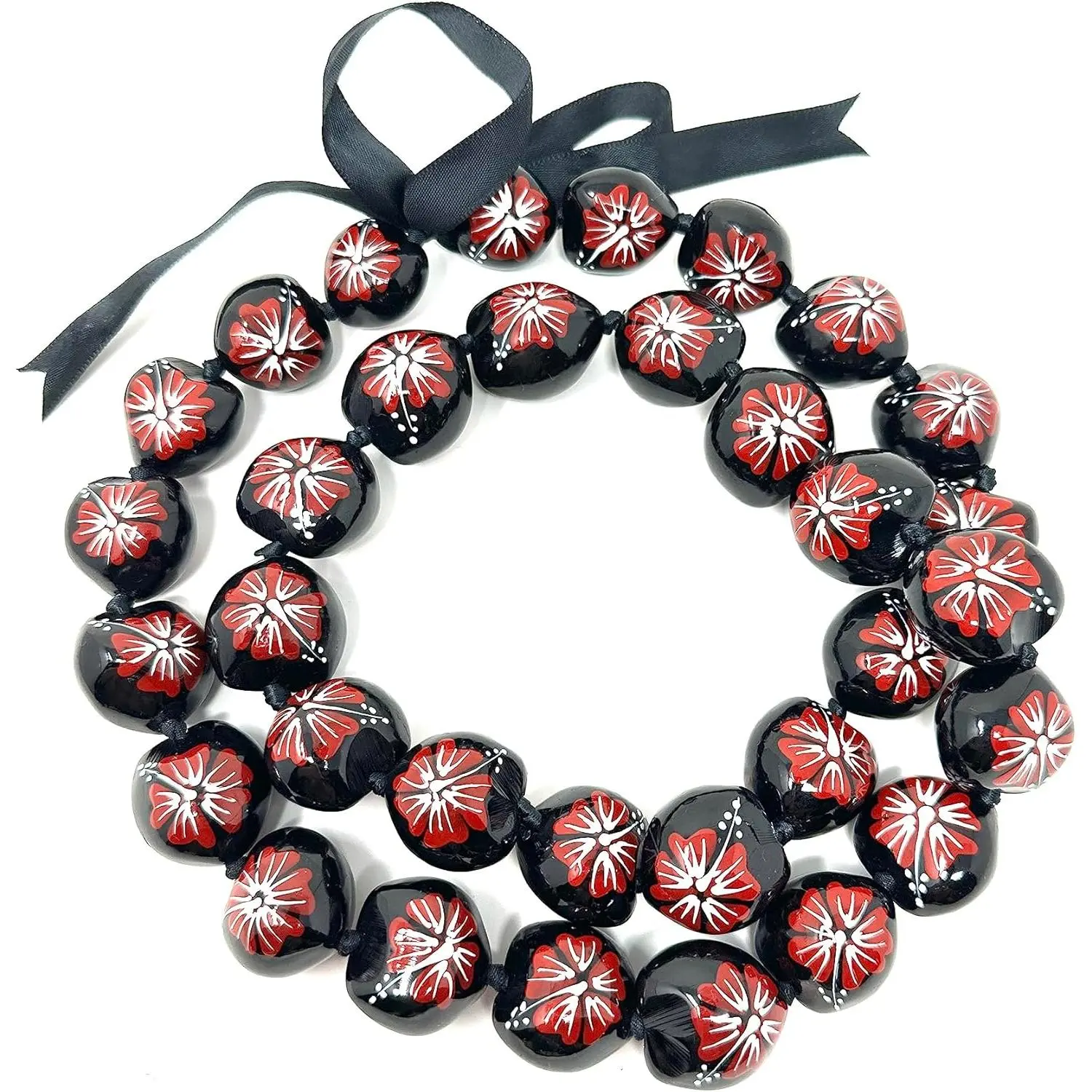 Handmade Craft Kukui Nut Lei - Colorful Beaded Necklace with Hand-Painted Flowers, Ribbon Tie, 32-in Adjustable Unisex Necklace for Graduation, Parties