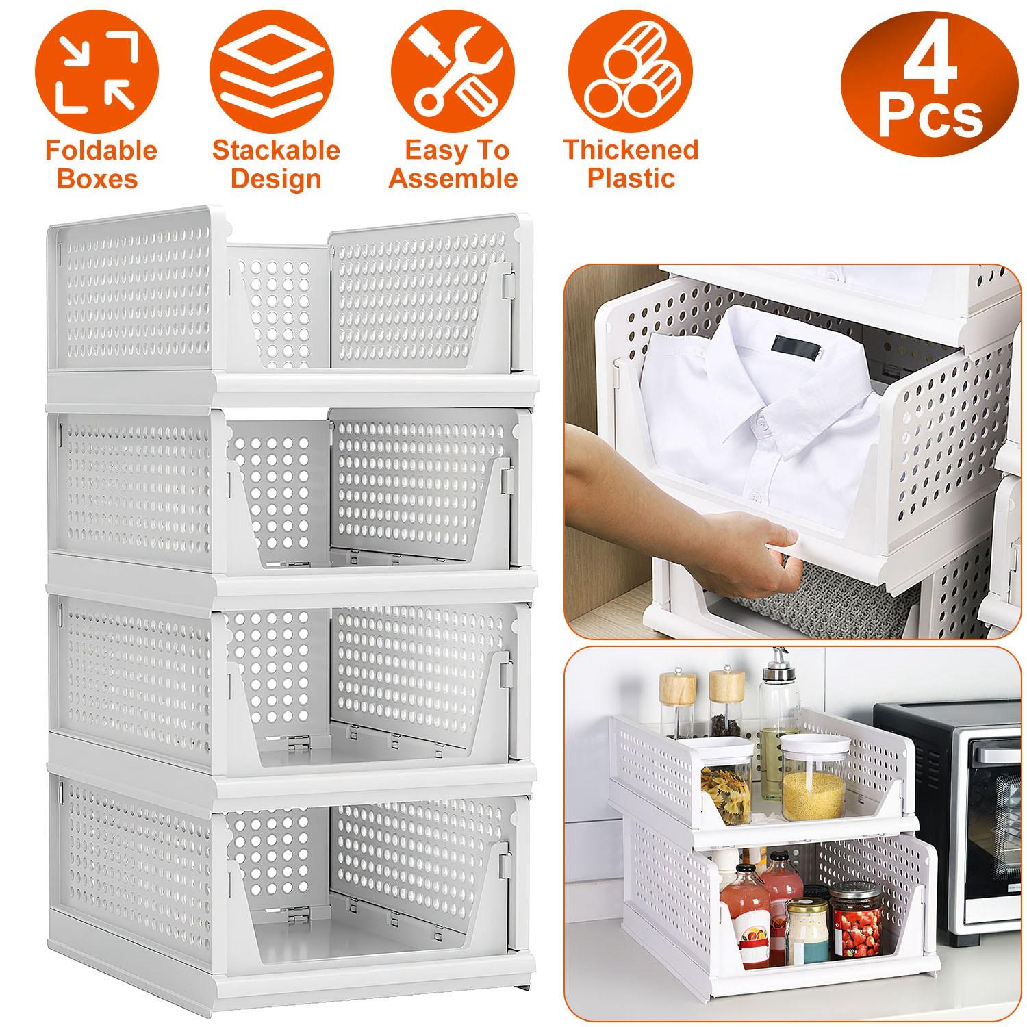 4 Packs Plastic Storage Box Closet Organizer Foldable Storage Bin Stackable Drawer with Slide Rail Push-Pull Storage Basket for Living Room Bedroom Wardrobe White 4 Packs Plastic Storage Box Closet Organizer Foldable Storage Bin Stackable Drawer with Slide Rail Push-Pull Storage Basket for Living Room Bedroom Wardrobe White