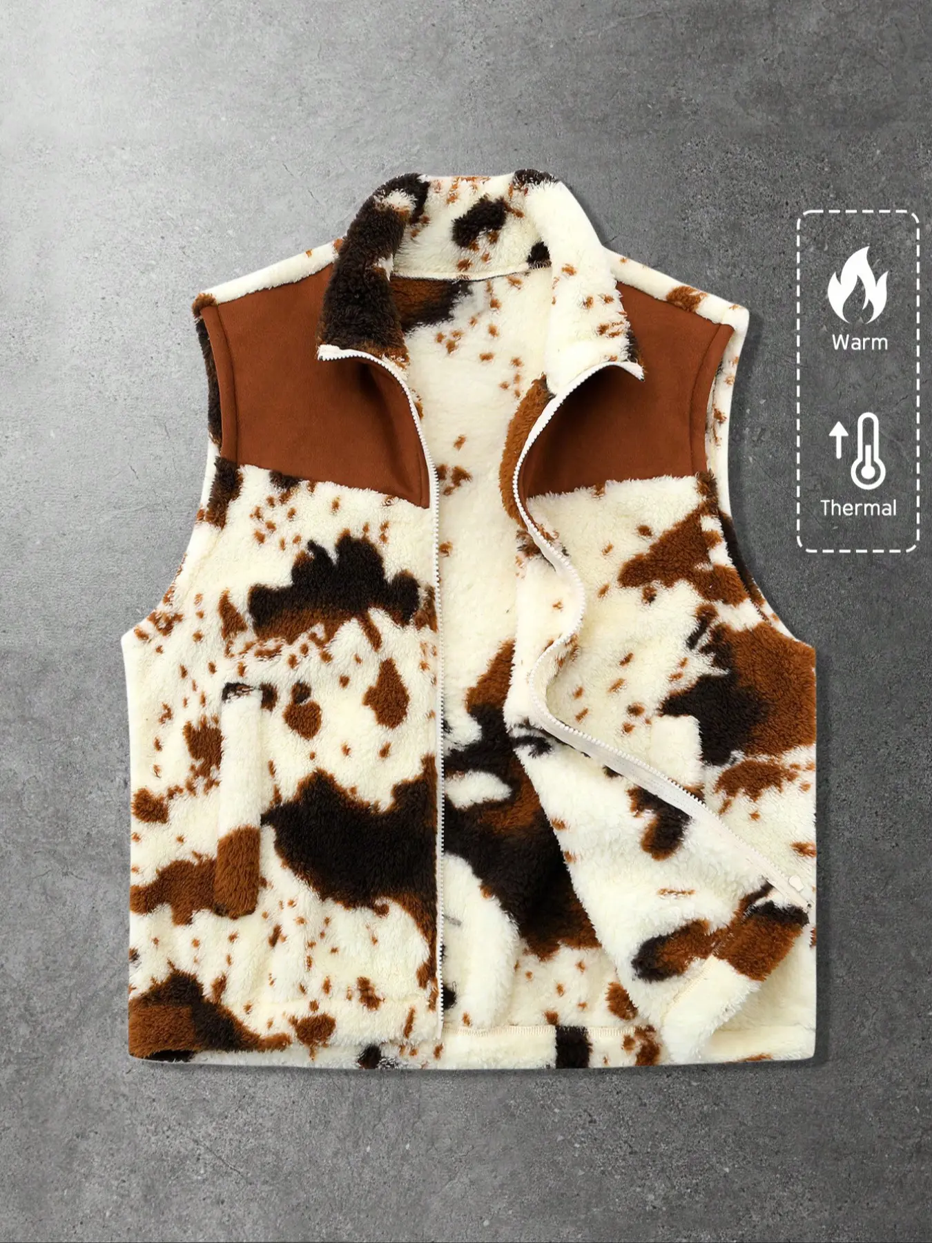 Autumn Winter Faux Lamb Velvet Cow Print Patchwork Vest, Sleeveless Gilet, Warm Sleeveless Top for Men and Women, Casual Daily Wear