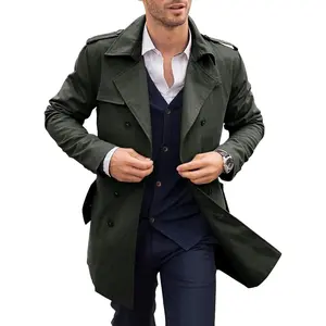 PASLTER Mens Trench Coat Notched Lapel Double Breasted Long Jacket Windbreaker Overcoat Pea Coat Overgarment Menswear