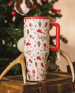 HydroJug Traveler 40 oz Tumbler - Cowboy Christmas | Limited Edition Western Holiday Design | Leakproof Insulated Cup with Handle & Straw | 24H Cold Stainless Steel Cup | Aesthetic Christmas Tumbler for Her | Fits Car Cup Holder