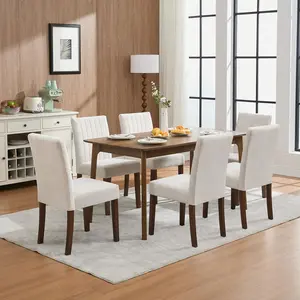 Garvee Upholstered Dining Chairs Set of 6, Button Tufted Parsons Chairs with Wood Legs and Padded Seat, Modern Fabric Side Chairs for Dining Room Kitchen Farmhouse Hotel, Beige