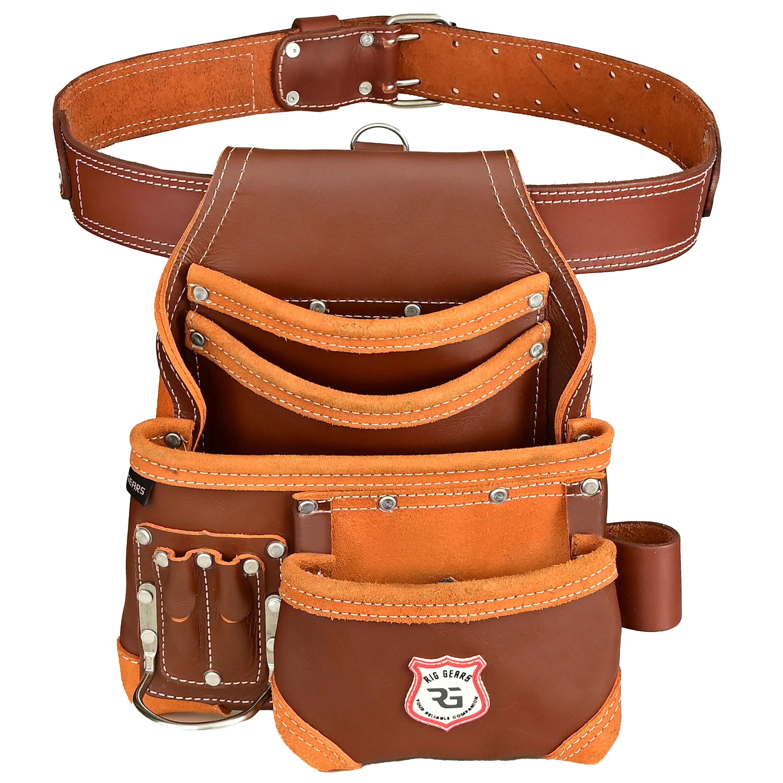 Riggears Leather Tool Belt with 8 Pockets - Belt + Pouch for Men Carpenters, Standard Maroon Durable Construction, Utility Organized Storage for Various Tools