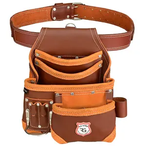 Leather Tool Bag 8 Pockets Leather Tool Pouch - Carpenters Tool Belts for Men, Standard Maroon Construction, Utility Pouch