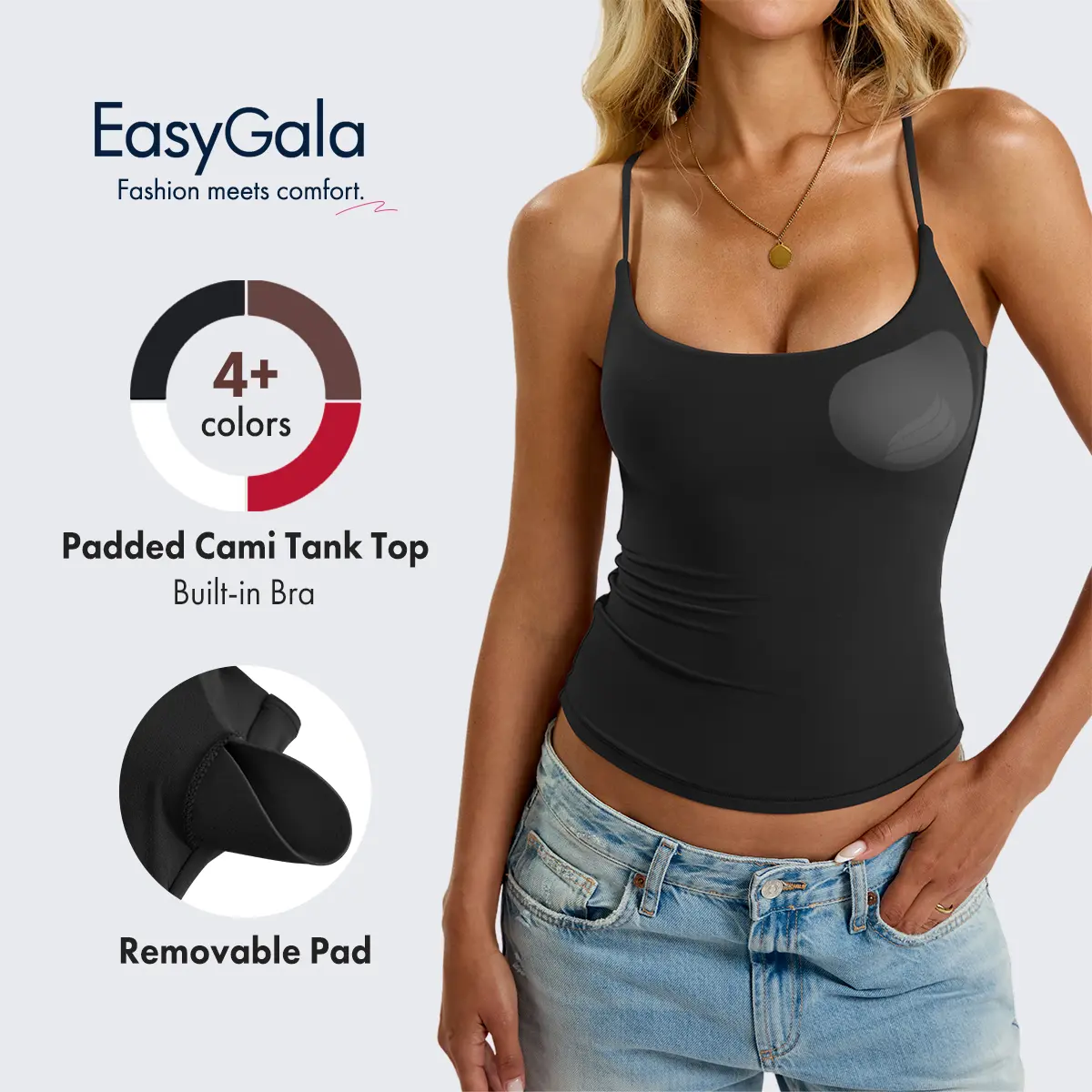 EasyGala Womens Padded Camisole Tank Tops Double Lined Built in Bra Shirts Adjustable Spaghetti Strap, Sexy Scoop Neck, Fitted, Going Out, Basic, Trendy, Summer Fashion Outfit, Y2k, Workout, Vacation,sohochic