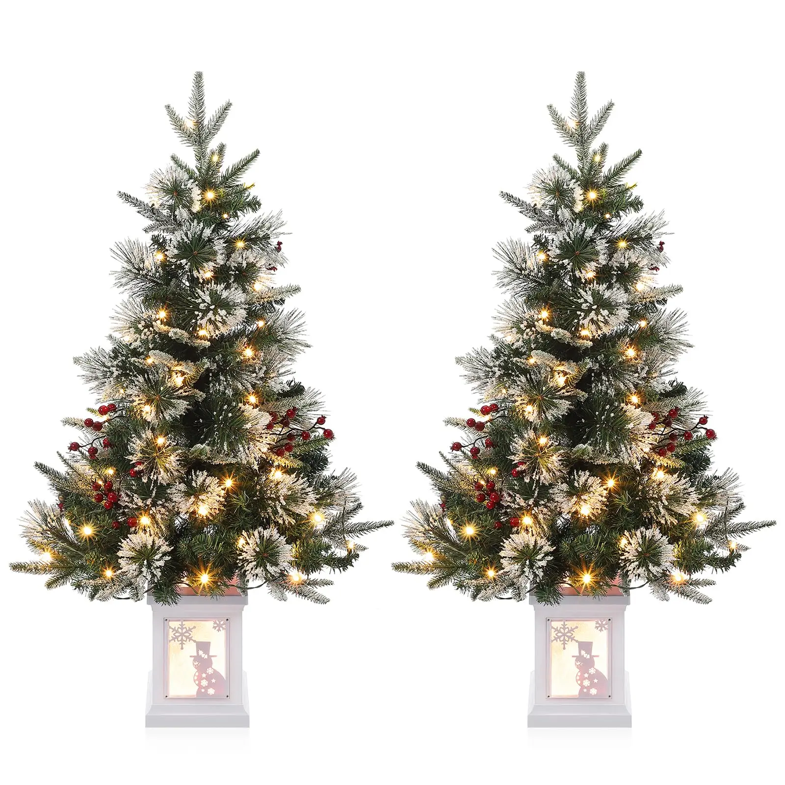 2PCS 3ft Pre-Lit Magic Miniature Tabletop Artificial Christmas Trees Set - Snow-Flocked, 78 Warm LEDs, 8 Lighting Modes, Timer, Imitation Fiber Lightbox Base, Traditional Ornaments, Basic Batteries-Operated for Home, Kid Room Decor, Synthetic, Decor Acces