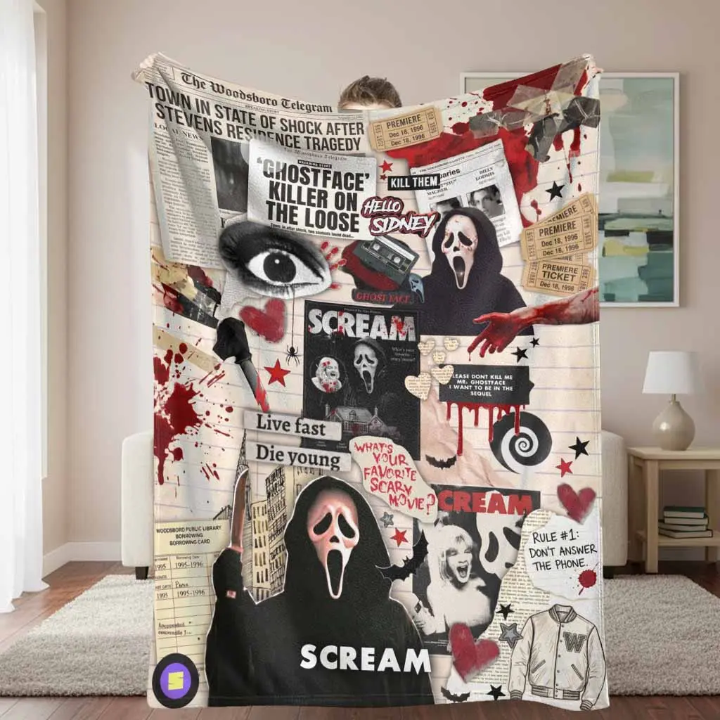 Ghostface Horror Collage Flannel Blanket - Retro Newspaper & Bloody Elements Artwork, Cartoon Ghost, Colorful Custom Character Graphic Blankets, Soft Warm Durable Couch Bed Throw, Ideal for Halloween Party, Movie Night, Artwork Print Blankets