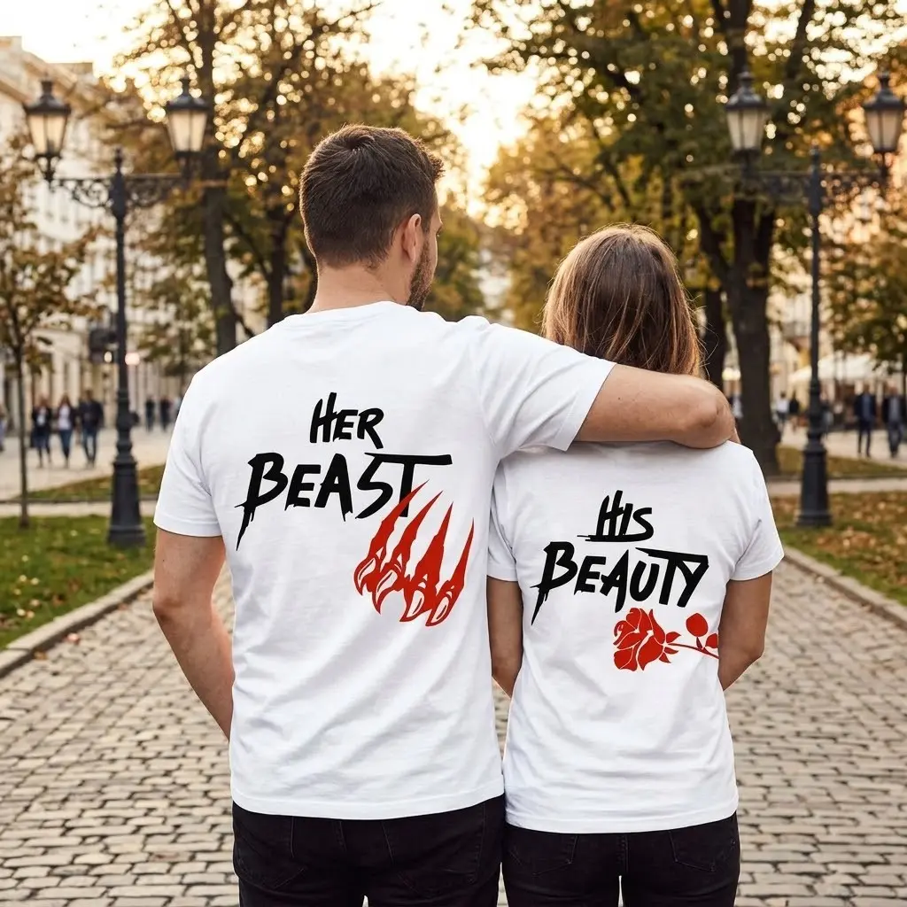 "Her Beast His Beauty Mens & Womens Shortsleeve Matching Set, Sporty Chic Clothing Merch, Valentine’s Day & Anniversary Gift Sports Tops", Women's Clothes, Couple Theme