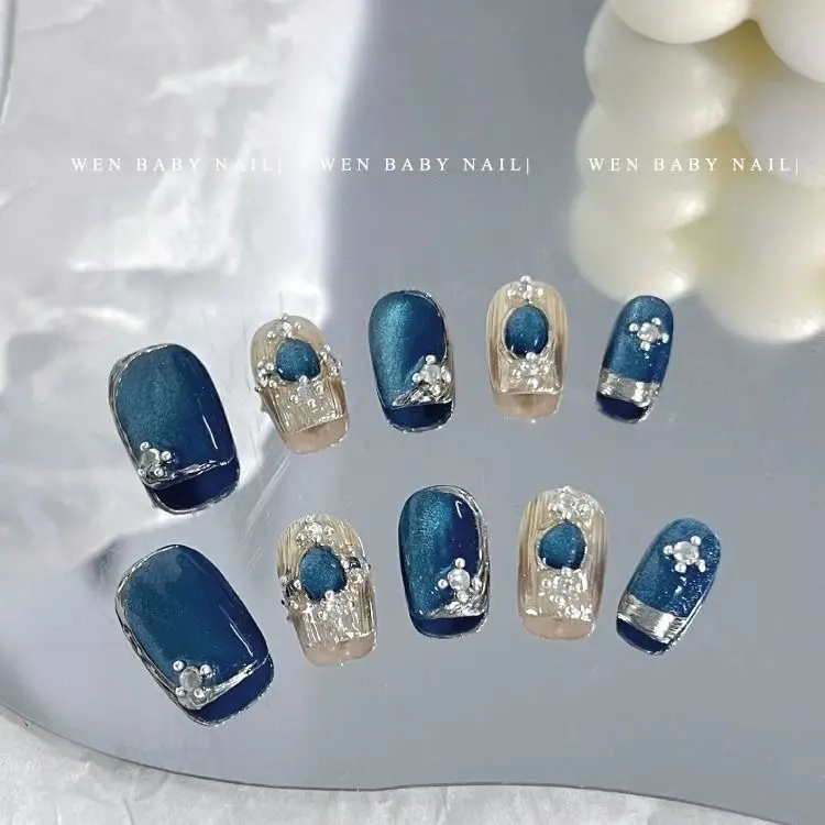 Handmade Press On Nails with Lake Blue Cat-Eye & French Tip Design | Reusable Glossy Acrylic Set for Health Protection & Diverse Occasions