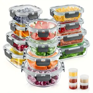 12 Pack Glass Food Storage Containers with Airtight Lids, Glass Meal Prep Containers, Lunch Office Meal for Microwave, Oven, Freezer and Dishwasher, BPA Free (5 small sauce containers as a bonus) Stackable Bowl Kitchen Utensils