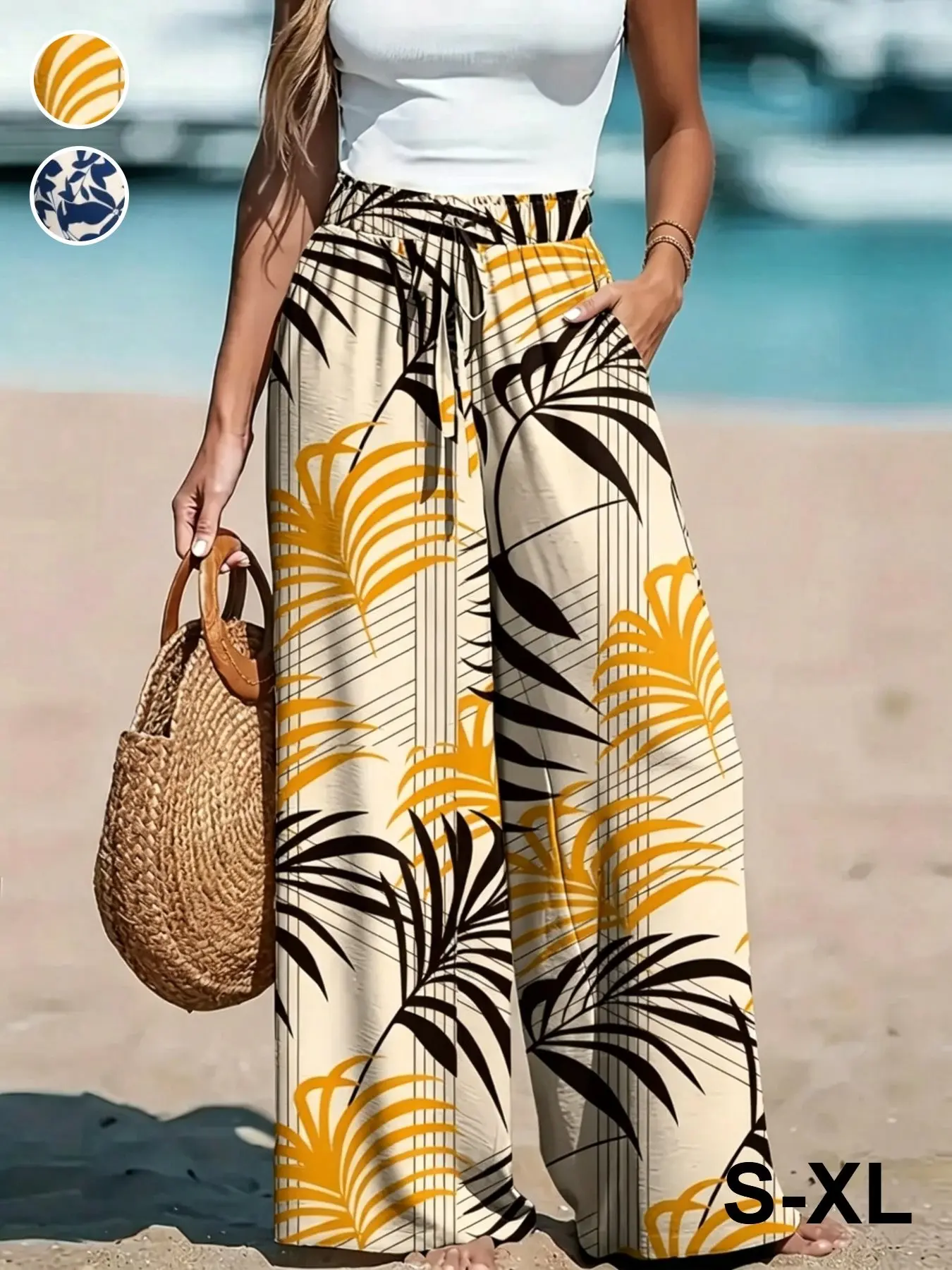 Summer New Tropical Palm Leaf Print Beach Wide Leg Pants, High Waist Bohemian Boho Vacation Style Loose Casual Long Pants, Relaxed Fit Bottom Womenswear Casual Trousers