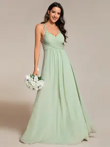 Ever-Pretty Floral Halter Neck Pleated Backless Bridesmaid Dress in Chiffon 02092