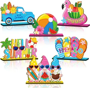 6 Pcs Summer Table Decorations Wooden Table Centerpieces Rustic Wood Tabletop Sign Decorations for Home Kitchen Office Farmhouse Desk Shelves Party Tiered Tray Decor