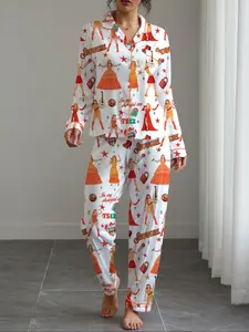 Women's Band Printed Sleepwear Set, Pajama Set, Casual Long Sleeve Shirt & Elastic Pants, Soft Stretch Fabric, Fall & Winter Home Wear
