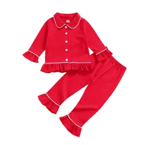 Kids Baby Girls Ruffled Cotton Pajamas Set Long Sleeve Button Down Shirts and Flared Pants Matching Pj Sets Sleepwear