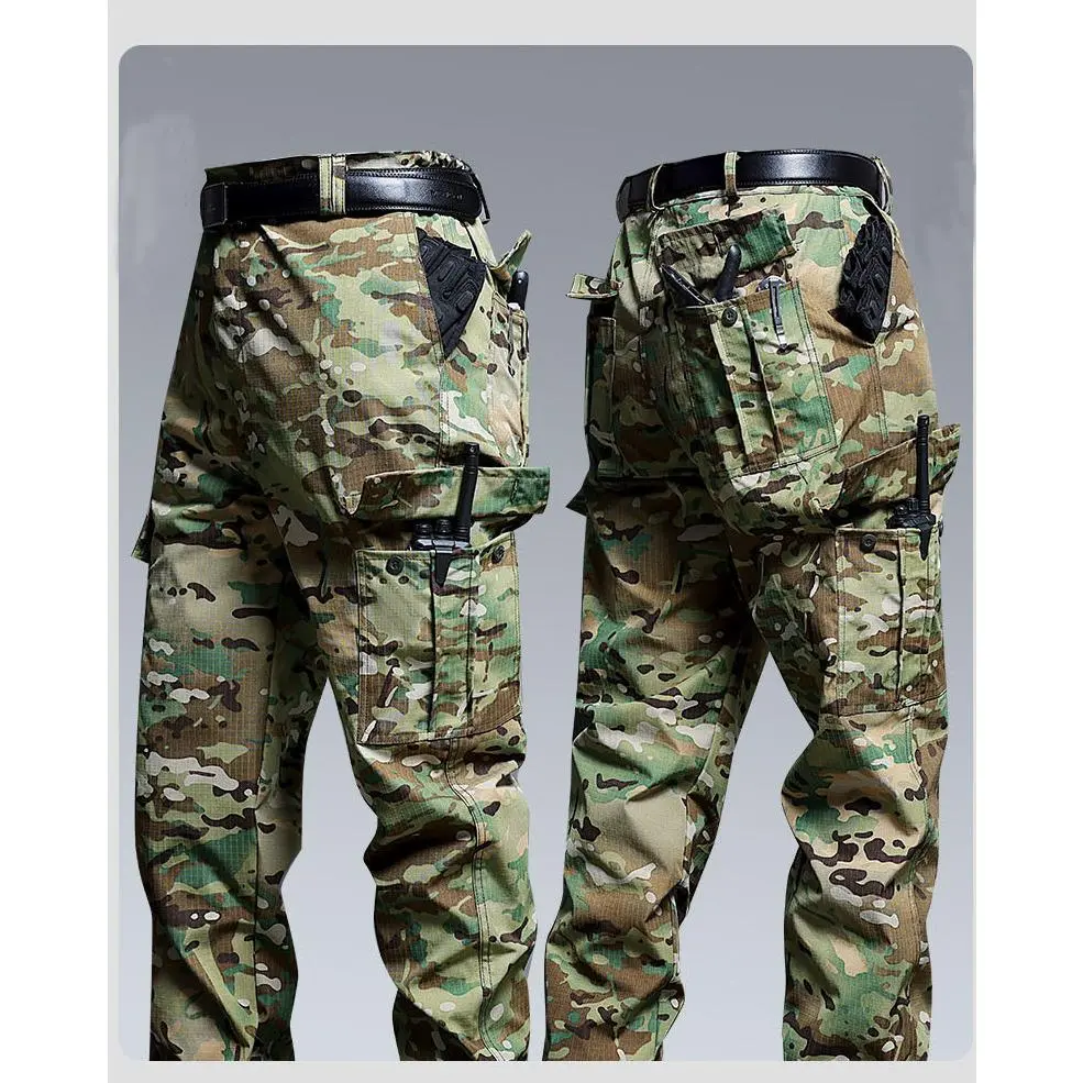 Men's Essential Ripstop Tactical Pants, Camo Cargo Work Pants with Multiple Pockets for Hiking, Hunting, Work.The belt shown in the image is display purposes only and not included as a free gift, unique style, nice look