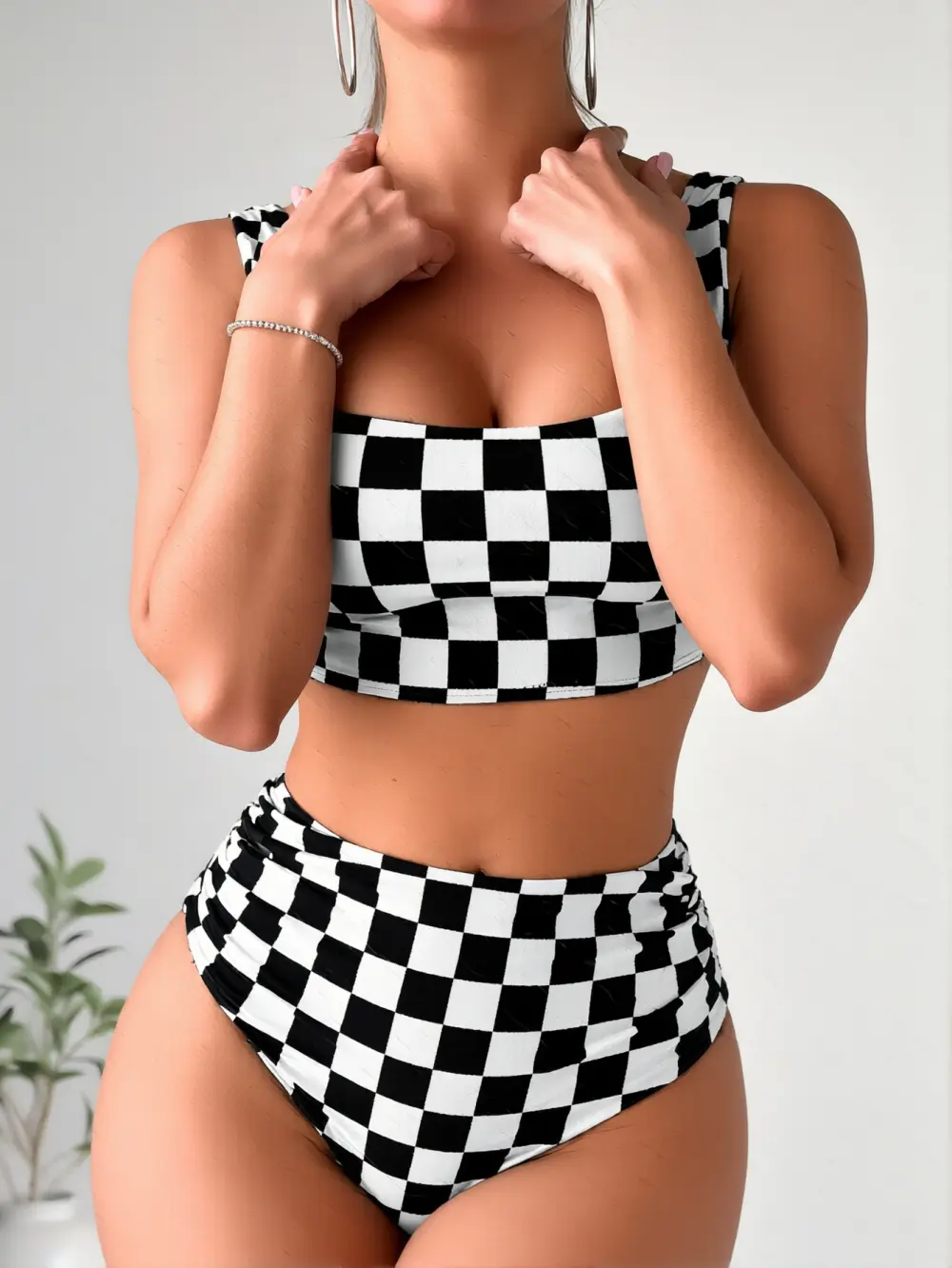 Women's Checkerboard Bikini Set, High-Waisted 2-Piece Underwired Swimsuit for Sports and Surfing, Swimsuits For Women, Bathing Suit Women