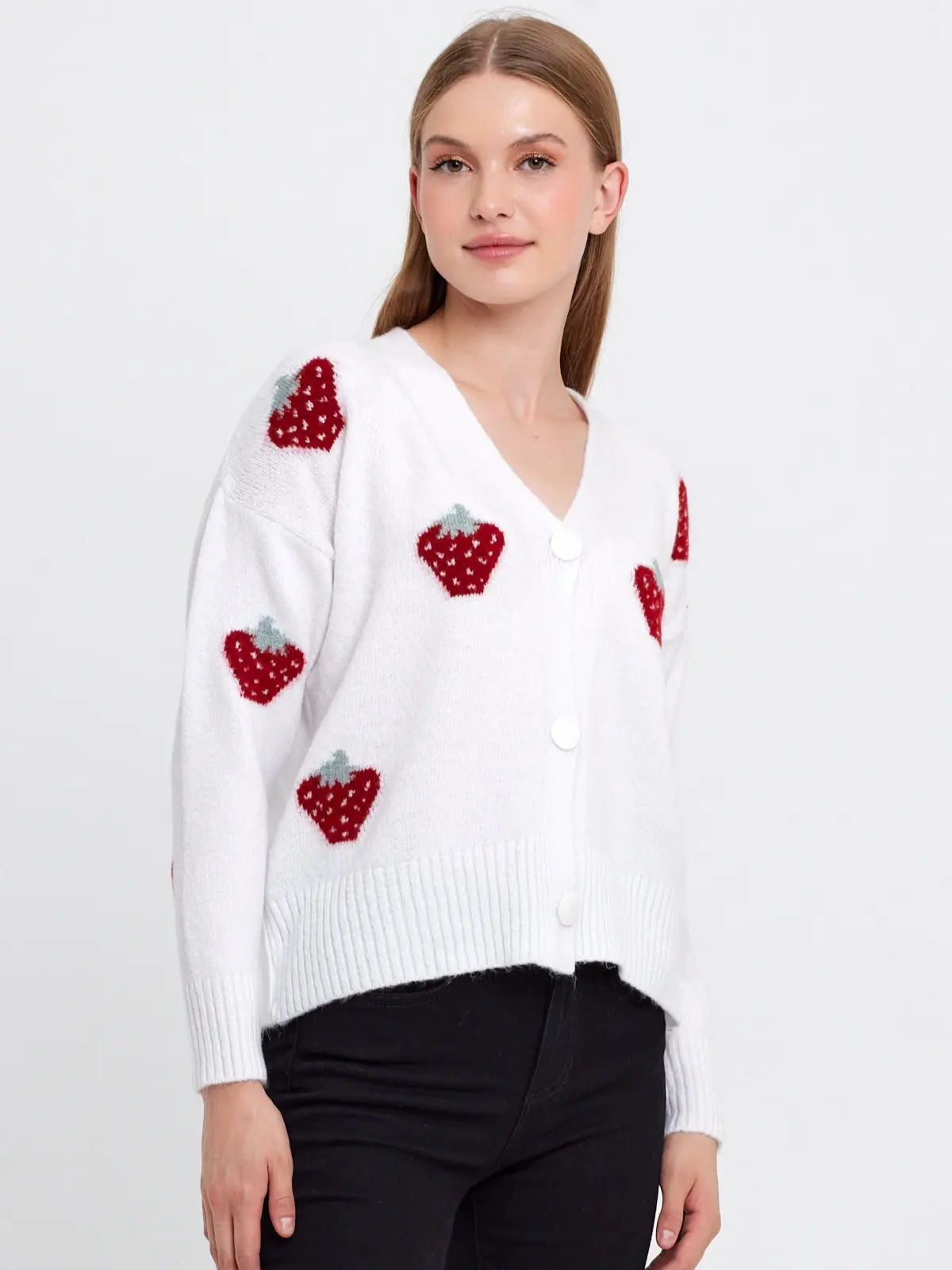 Women's Strawberry Printed Knit Cardigan Soft and Chunky Strawberry Cardigan Cropped Sweater Winter Cute Outfits